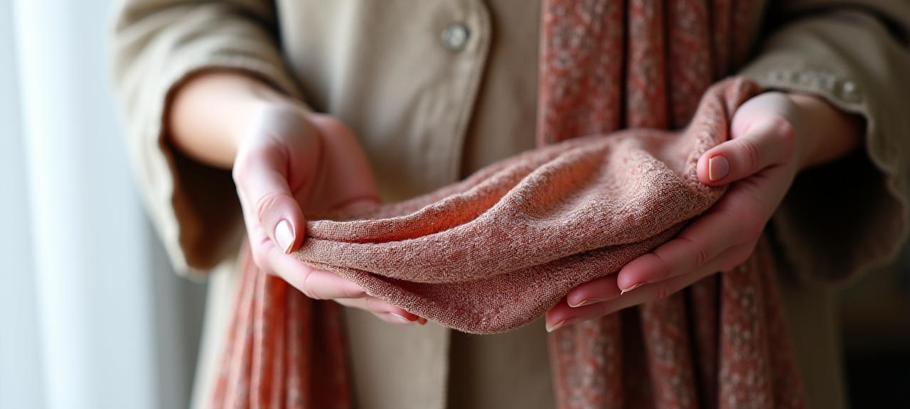 手織りのショールを広げて見せている様子